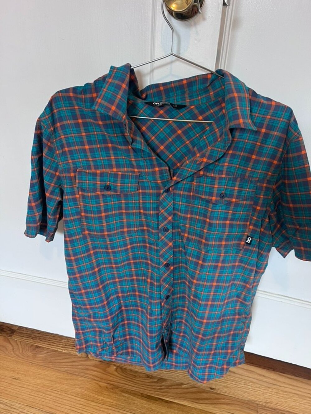Outdoor Research Teal Orange Plaid Button Up Shirt Size L